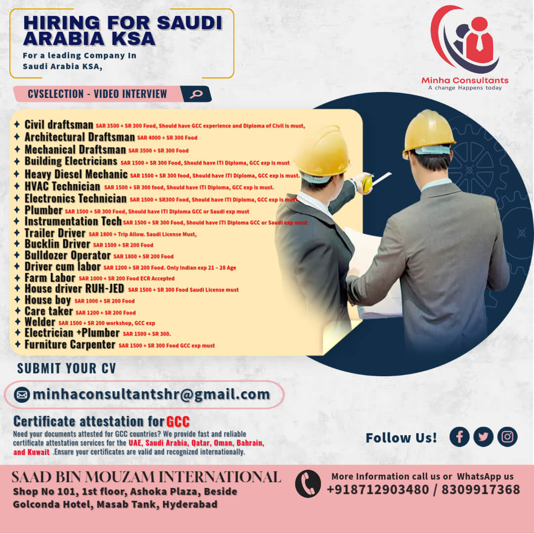 Urgently Requried for Saudi Arabia KSA