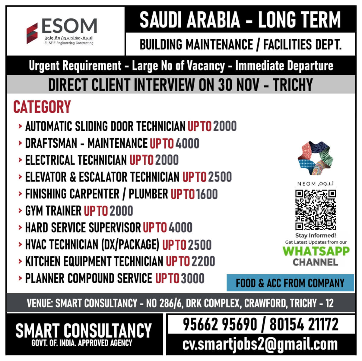 WANTED FOR A LEADING MAINTENANCE COMPANY - SAUDI ARABIA / DIRECT CLIENT INTERVIEW ON 30 NOV - TRICHY