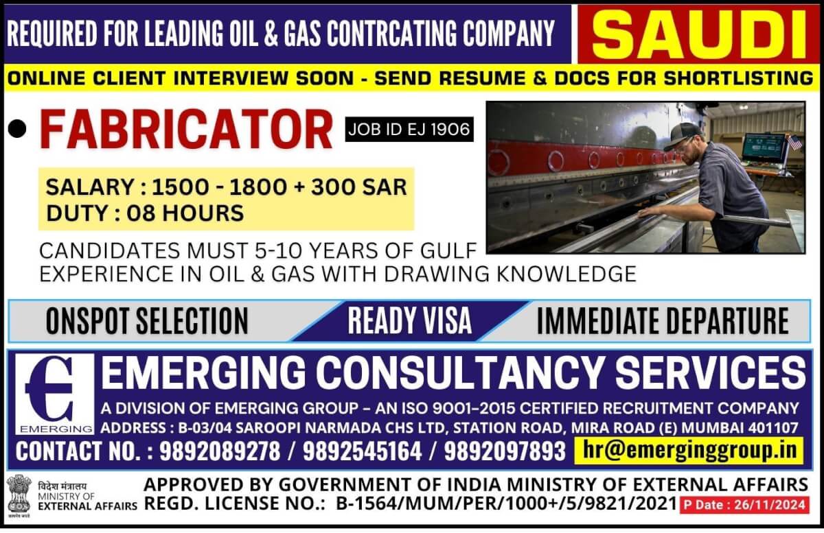 Urgently Required for Leading Oil & Gas Contracting Company in Saudi Arabia