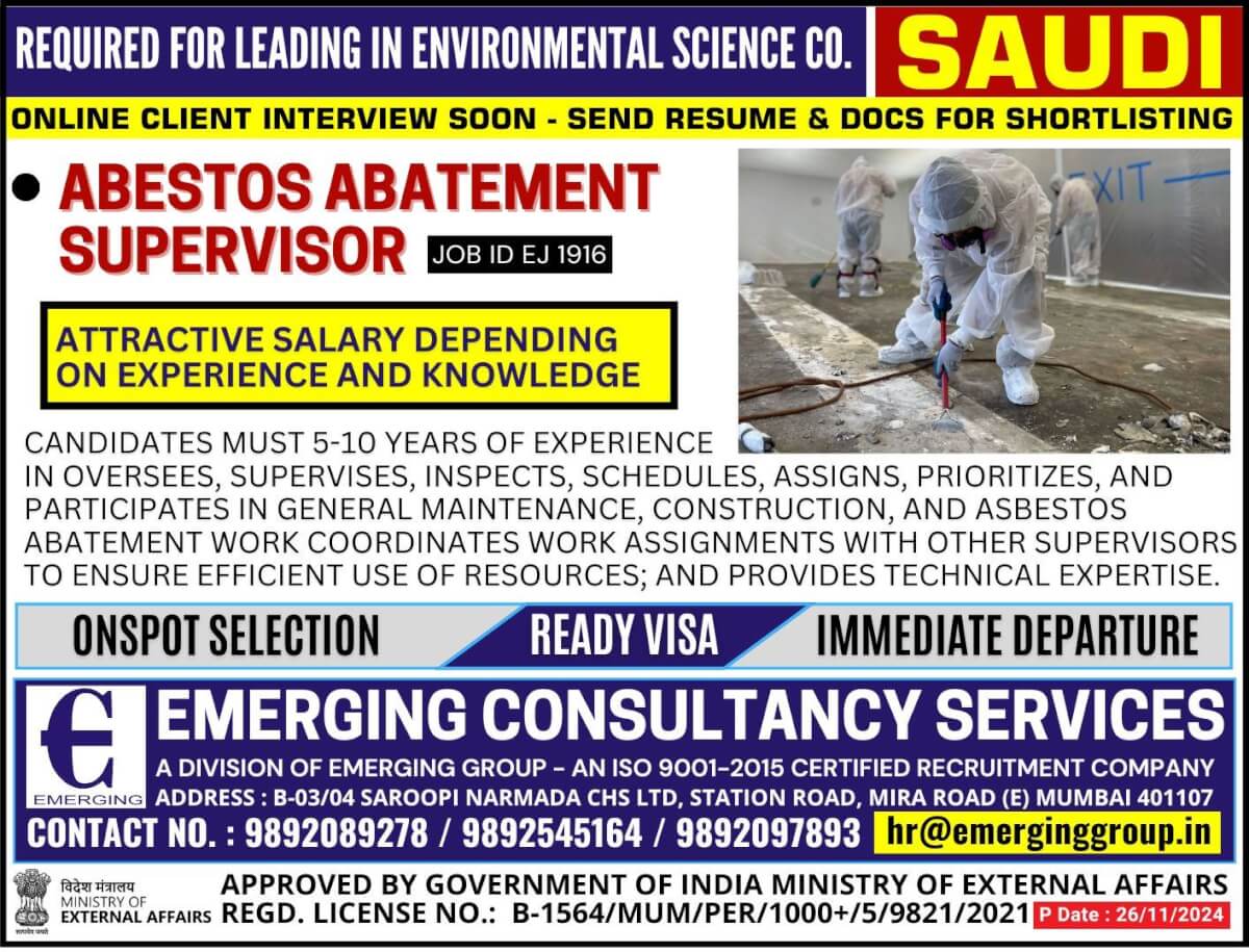 Urgently Required for Leading Environmental Science Company in Saudi Arabia