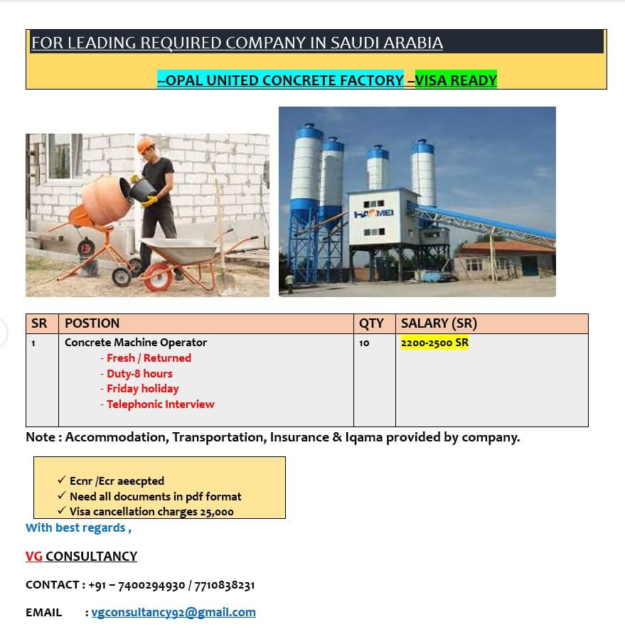 URGENT REQUIRED FOR CONCRETE COMPANY