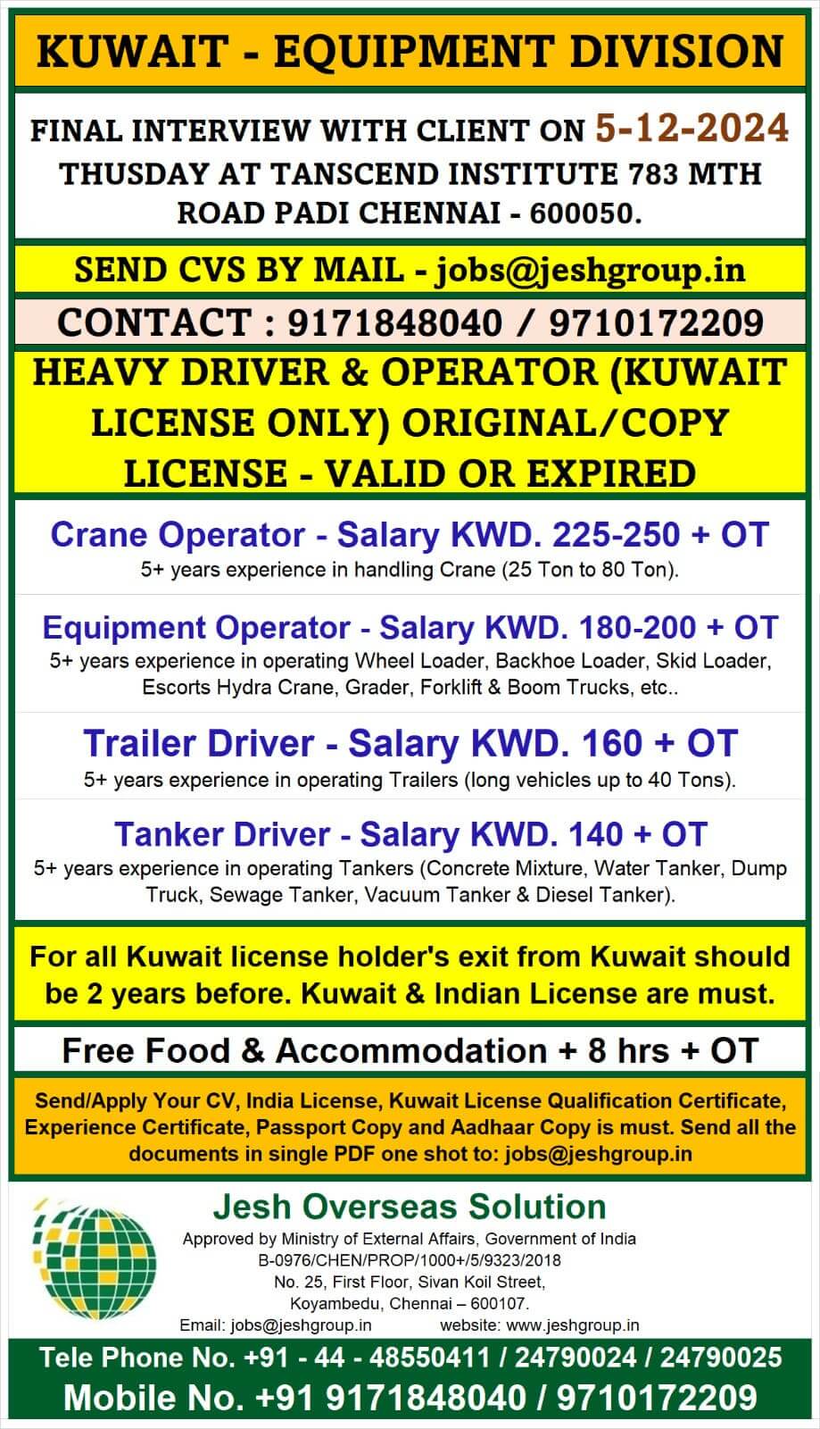 Crane Operator, Equipment Operator, Trailer Driver and Tanker Driver