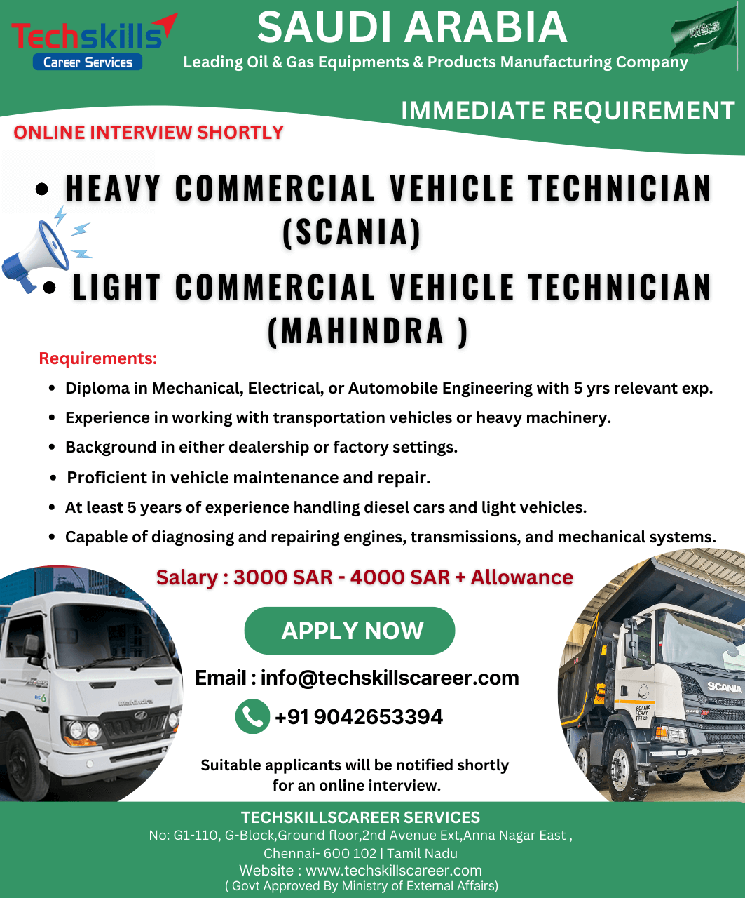 Saudi Arabia Requires:  Heavy Commercial Vehicle Technician  /  Light Commercial Vehicle Technician