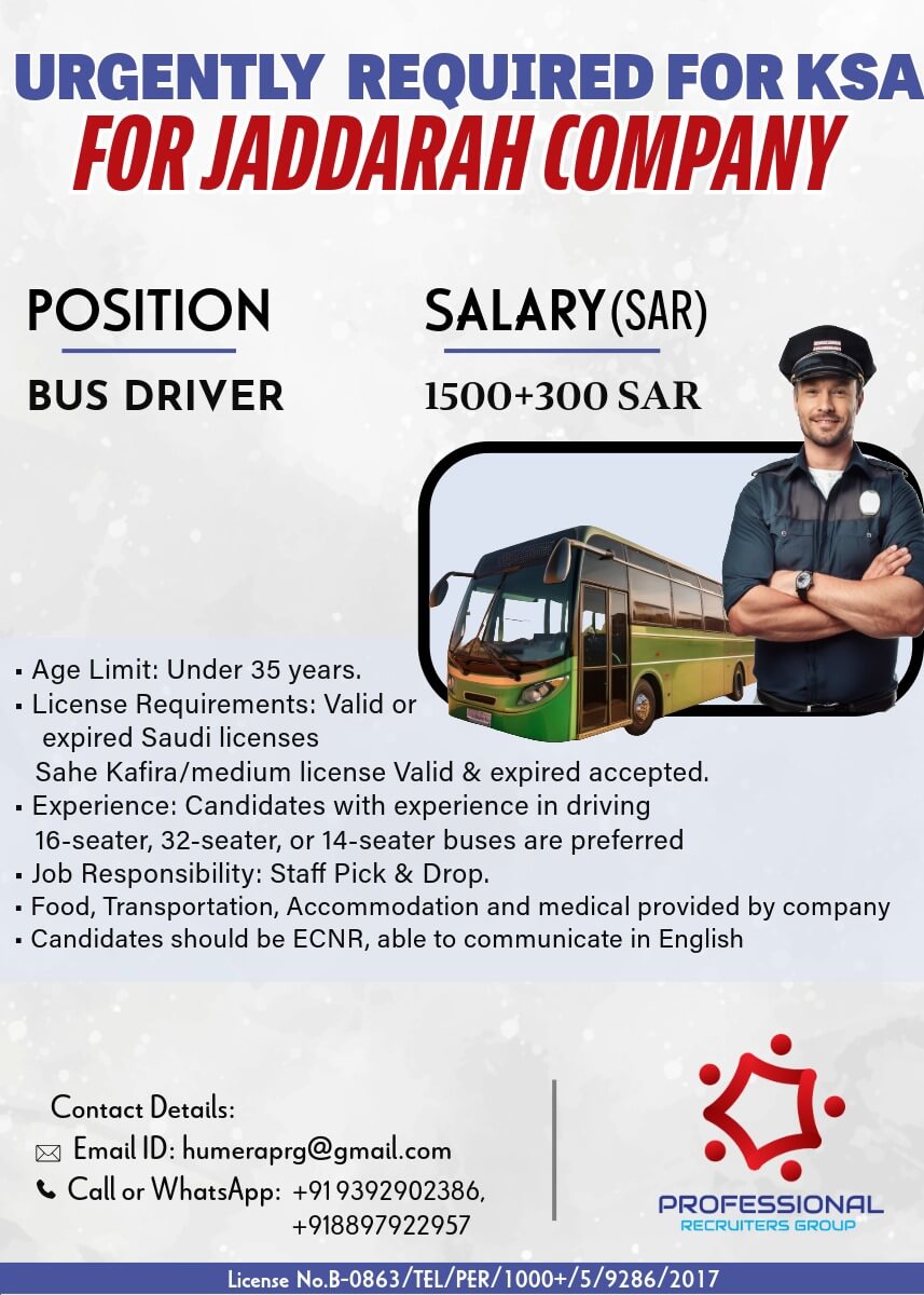 URGENTLY HIRING FOR JADDARAH - SAUDI ARABIA