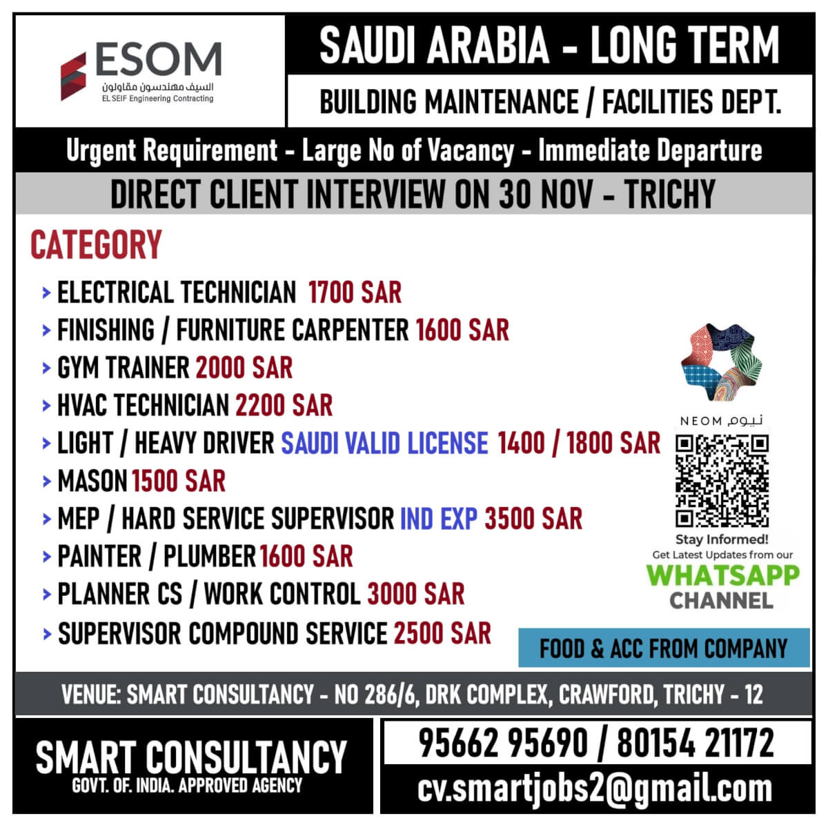 WANTED FOR A LEADING MAINTENANCE COMPANY - SAUDI ARABIA / DIRECT CLIENT INTERVIEW ON 30 NOV - TRICHY