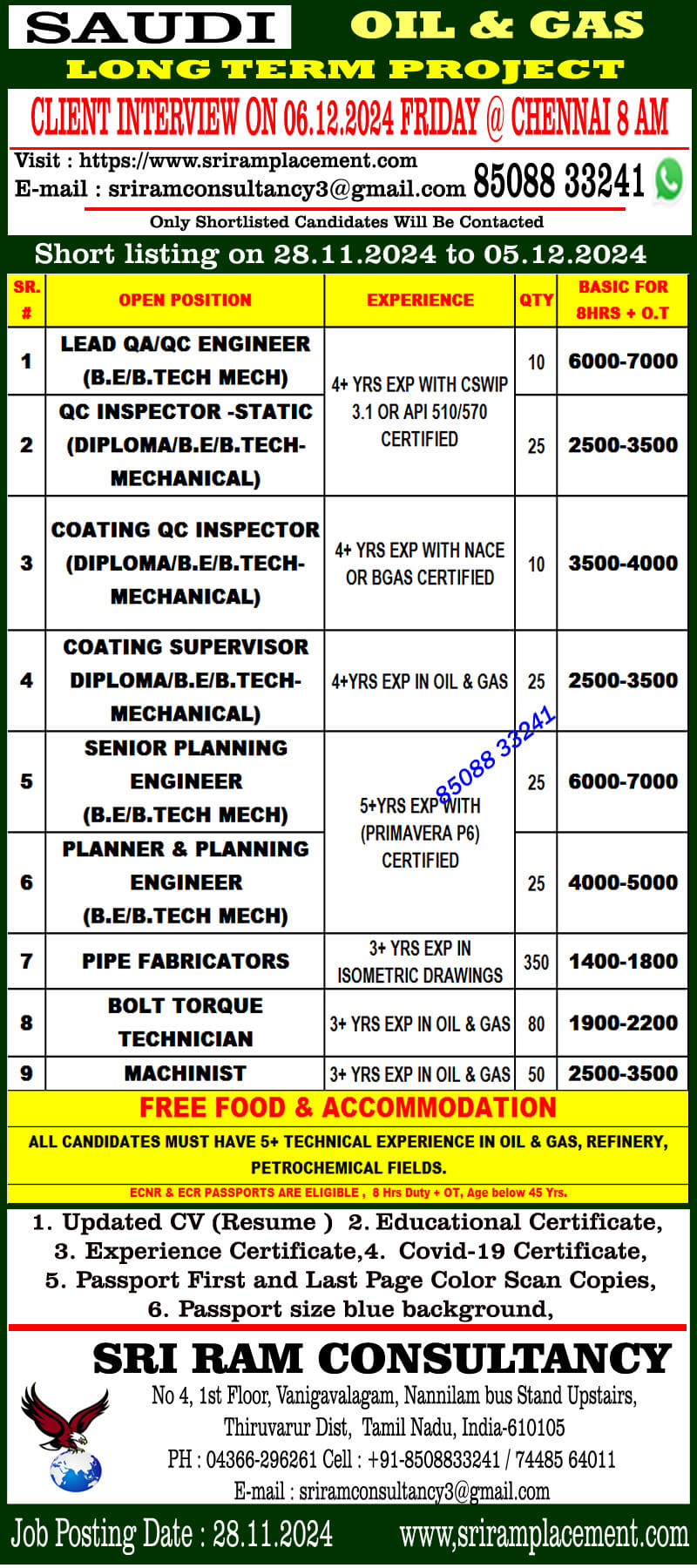 Urgent Recruitment for Saudi Long-term Project apply:  sriramconsultancy3@gmail.com  / visit https://whatsapp.com/channel/0029VaGCAbBJ93wTllBRDs3F