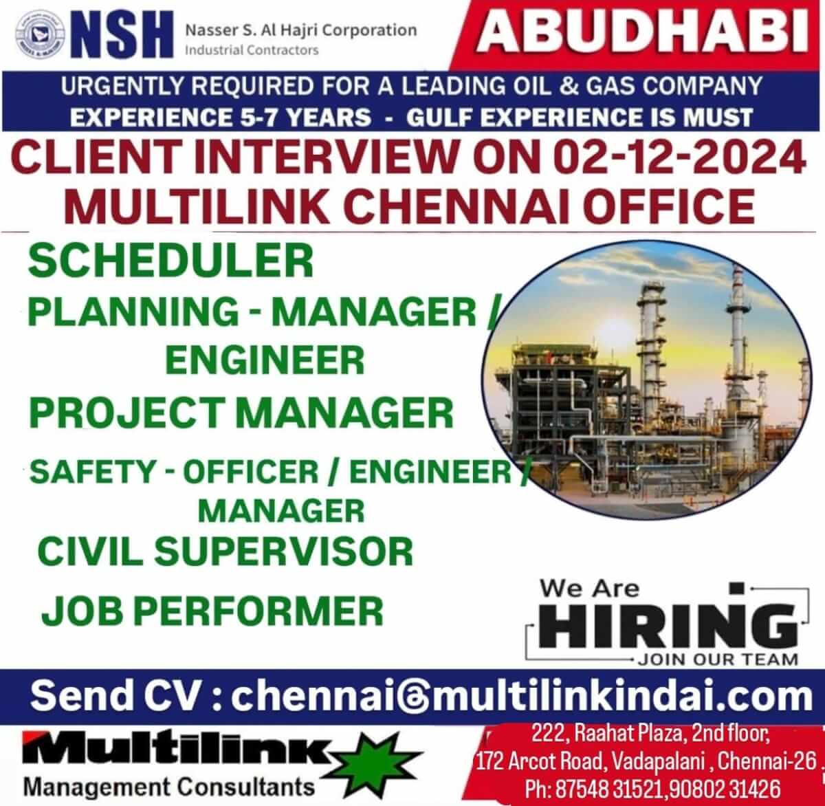 Scheduler, Planning Manager/Engineer, Project Manager, Safety Manager/Engineer/Officer, Civil Supervisor, Job Performer