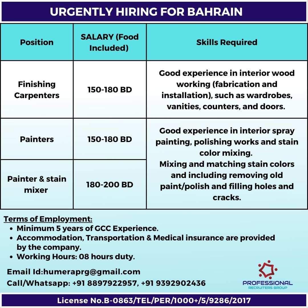 URGENTLY HIRING FOR BAHRAIN