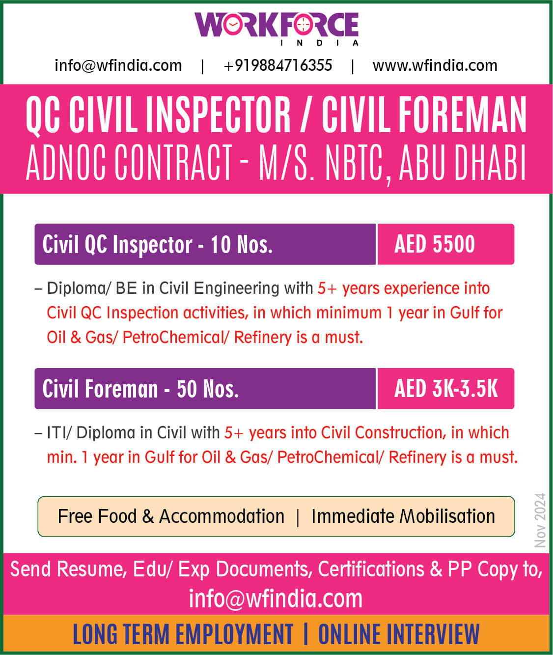 QC Inspector (Civil) & Civil Foreman - ADNOC Contract - M/S. NBTC, Abu Dhabi, UAE.