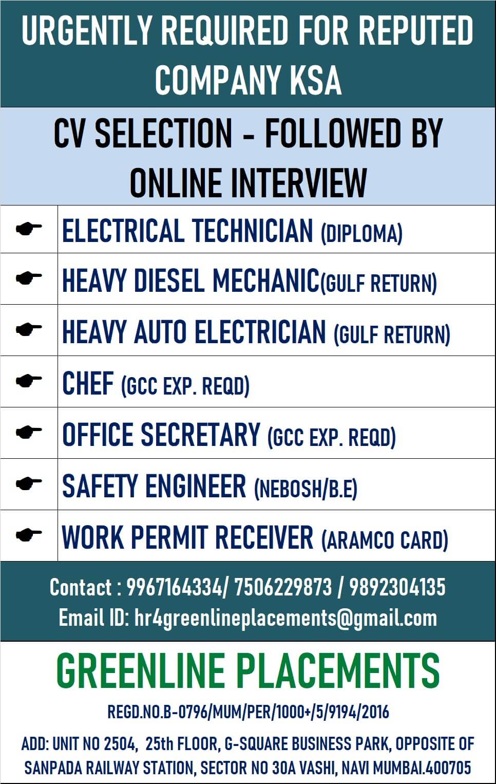 URGENTLY REQUIRED FOR REPUTED COMPANY KSA