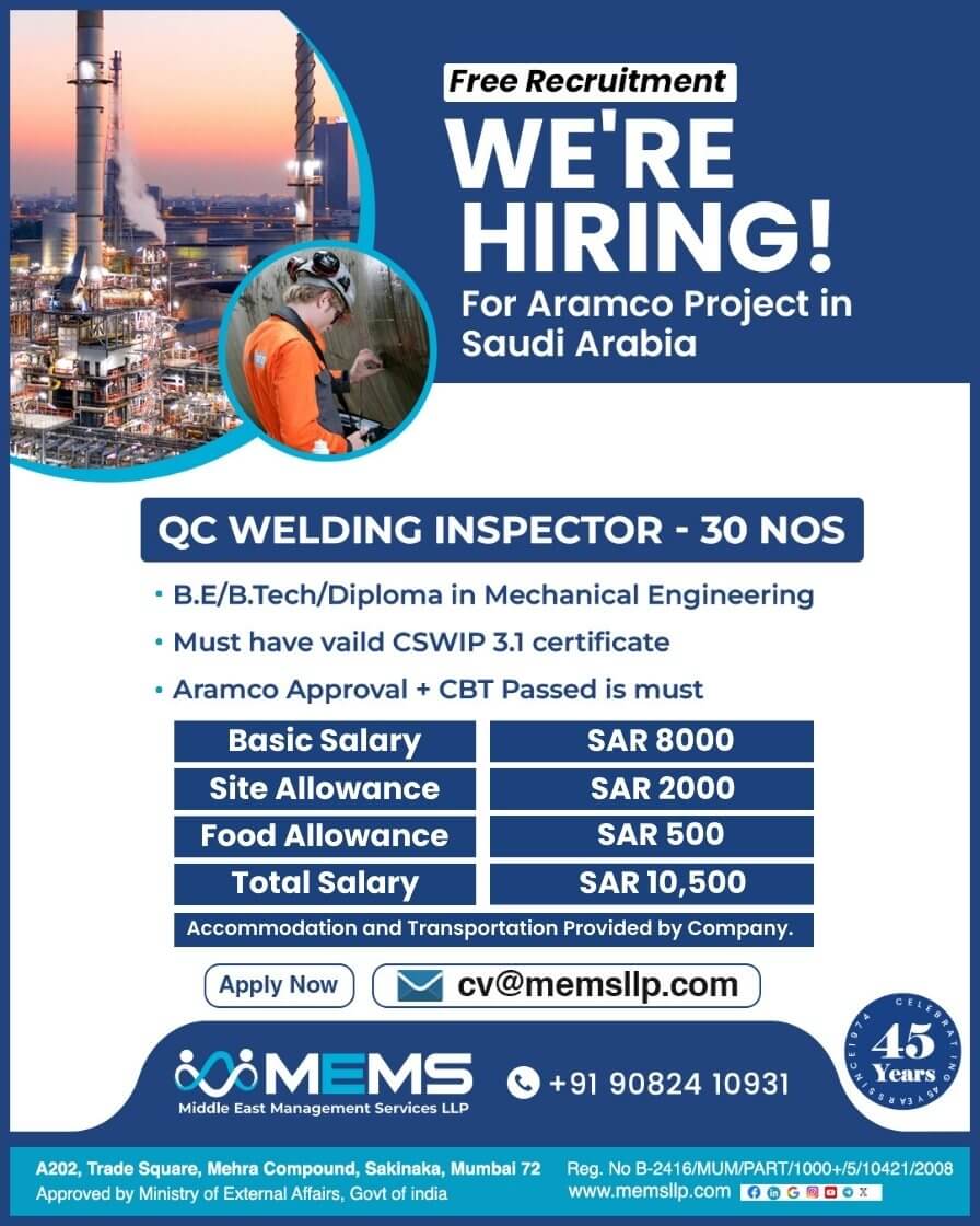 We are Hiring For Aramco Project in Saudi Arabia