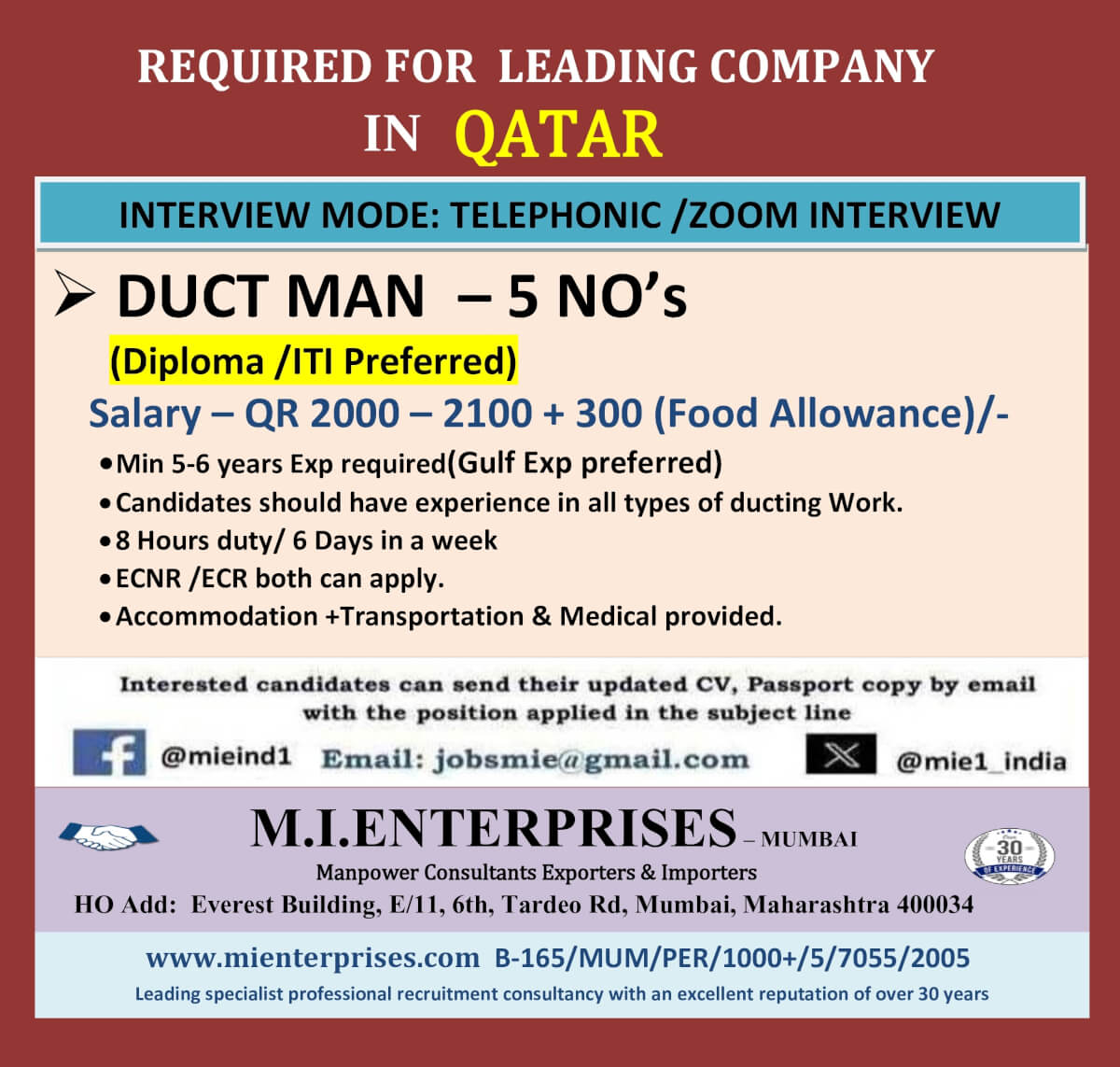 REQUIRED FOR  LEADING COMPANY  IN  QATAR