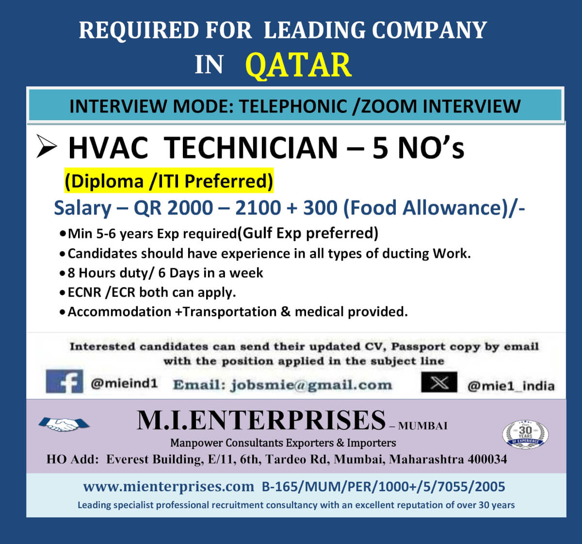 REQUIRED FOR  LEADING COMPANY    IN  QATAR