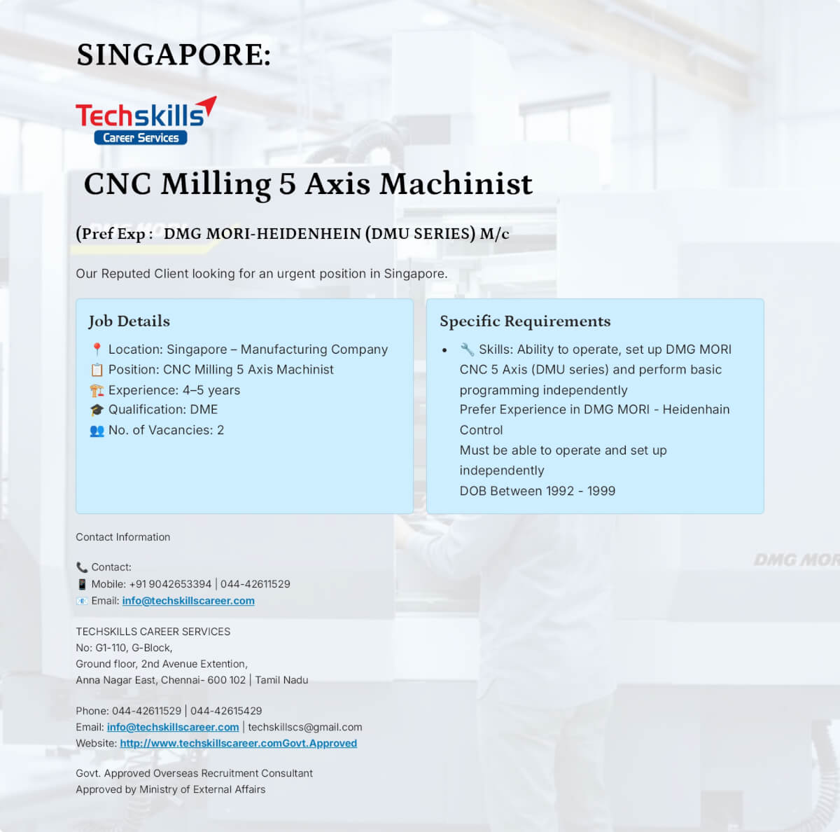 SINGAPORE REQUIRED- CNC 5 AXIS MACHINIST ( DMG MORI SEIKI-- HEINDENHEIN CONTROL)