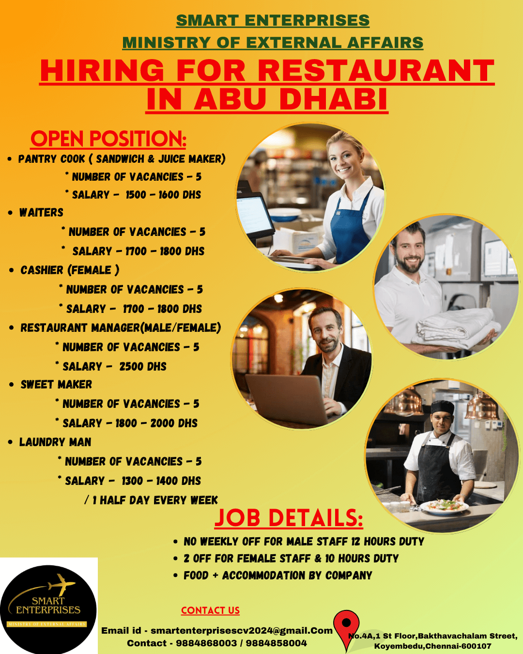 HIRING FOR RESTAURANT IN ABU DHABI - WAITERS- PANTRY COOK- CASHIER- SWEET MAKER - LAUNDRY MAN