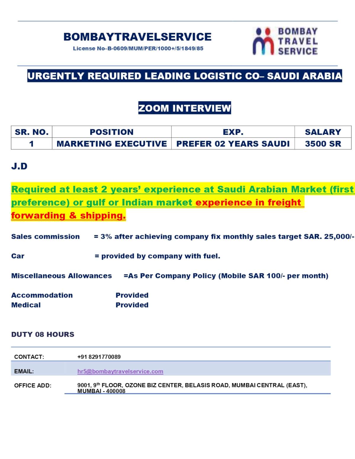 Urgently Hiring Marketing Executive For Saudi Arabia