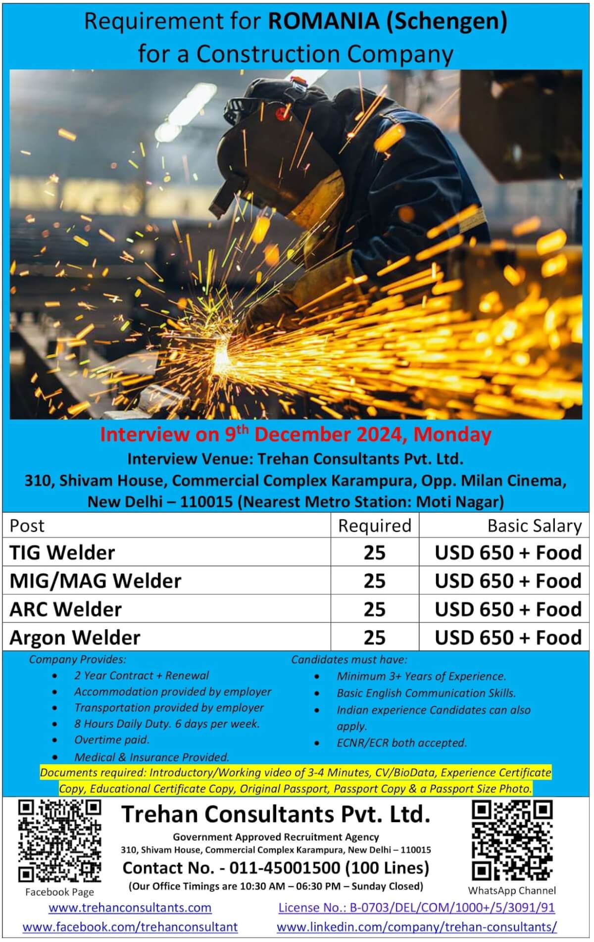 Welders required for Romania (Schengen) for a Construction Company - Interview Date 9 December 2024