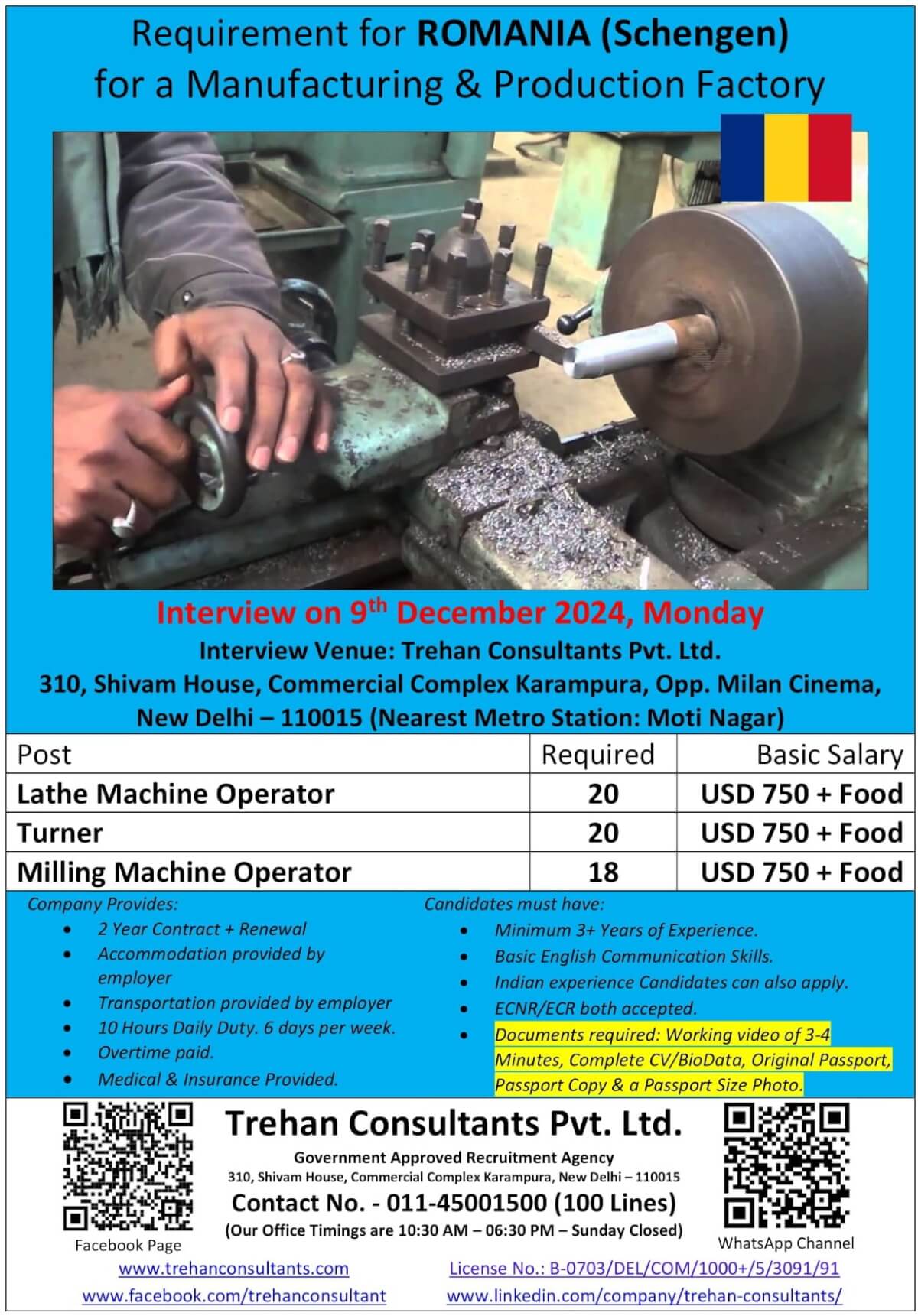 Lathe Machine Operator, Turner & Milling Machine Operator required for ROMANIA (Schengen) for a Manufacturing & Production Factory - Interview Date 9 December 2024