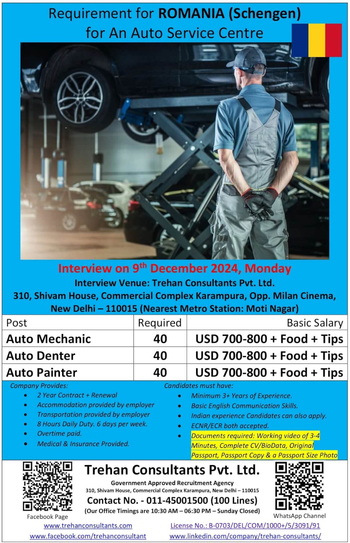 Auto Mechanic, Auto Denter & Auto Painter required for ROMANIA (Schengen) for An Auto Service Centre - Interview Date 9 December 2024