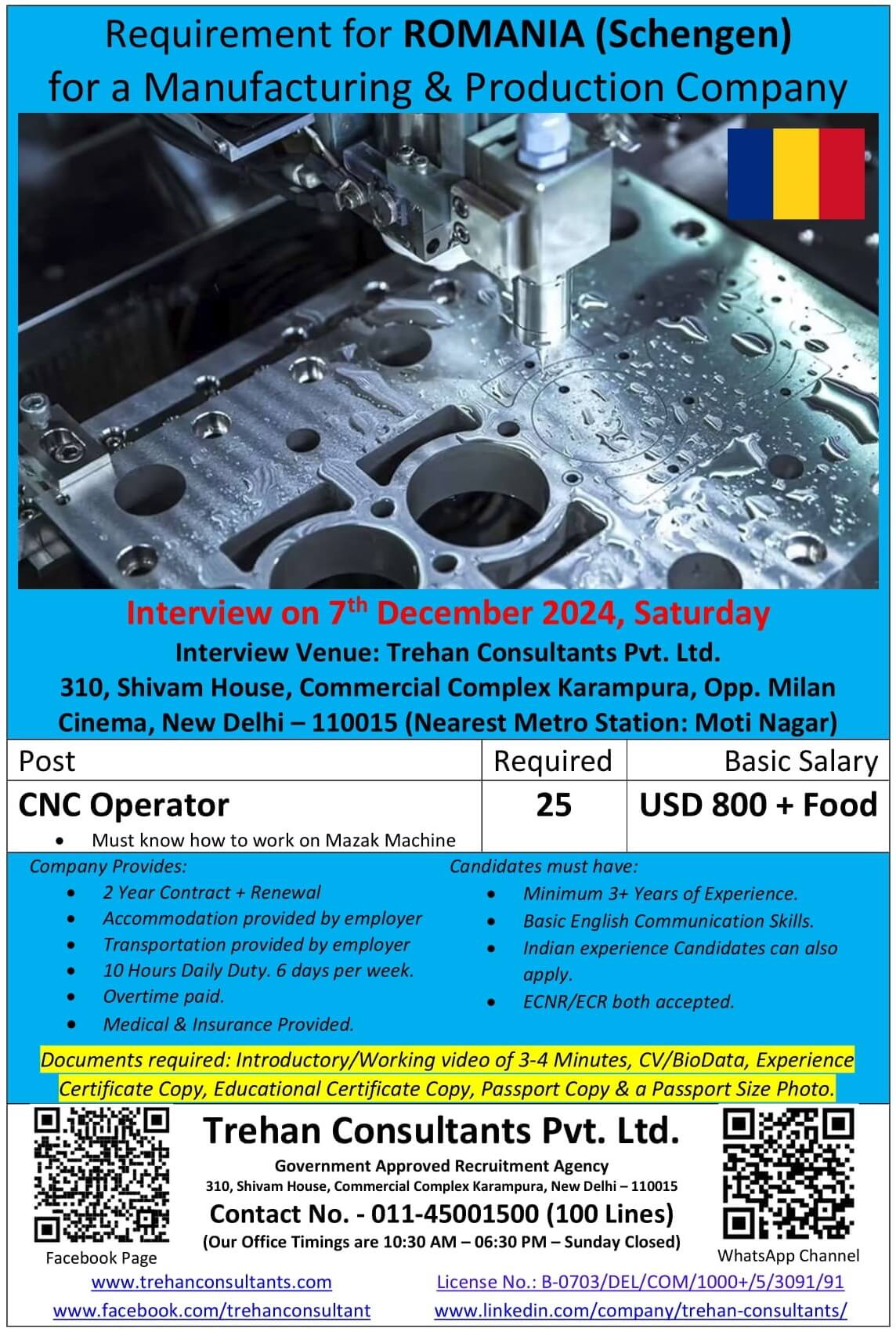 CNC Operator required for ROMANIA (Schengen) for a Manufacturing & Production Company - Interview Date 7 December 2024