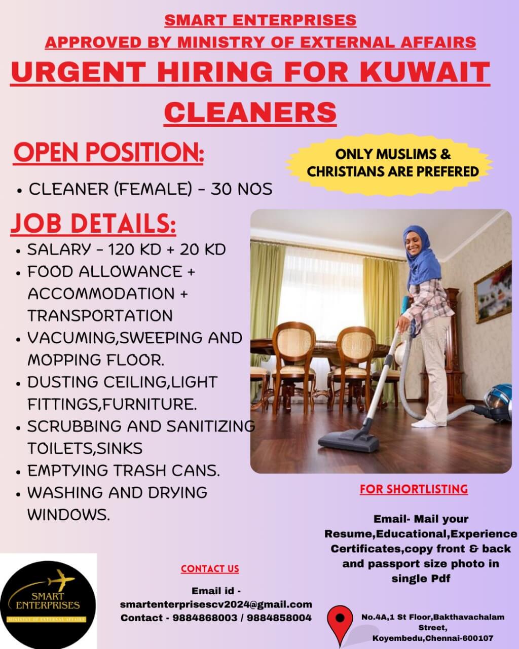 URGENT REQUIREMENT FOR KUWAIT FEMALE CLEANERS (MUSLIM AND CHRISTIAN CANDIDATESN PERFERED)