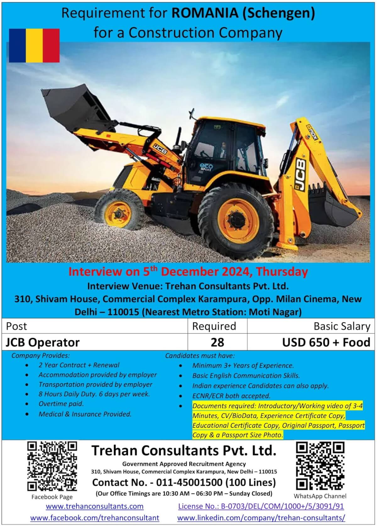 JCB Operator required for ROMANIA (Schengen) for a Construction Company - interview Date 5 December 2024