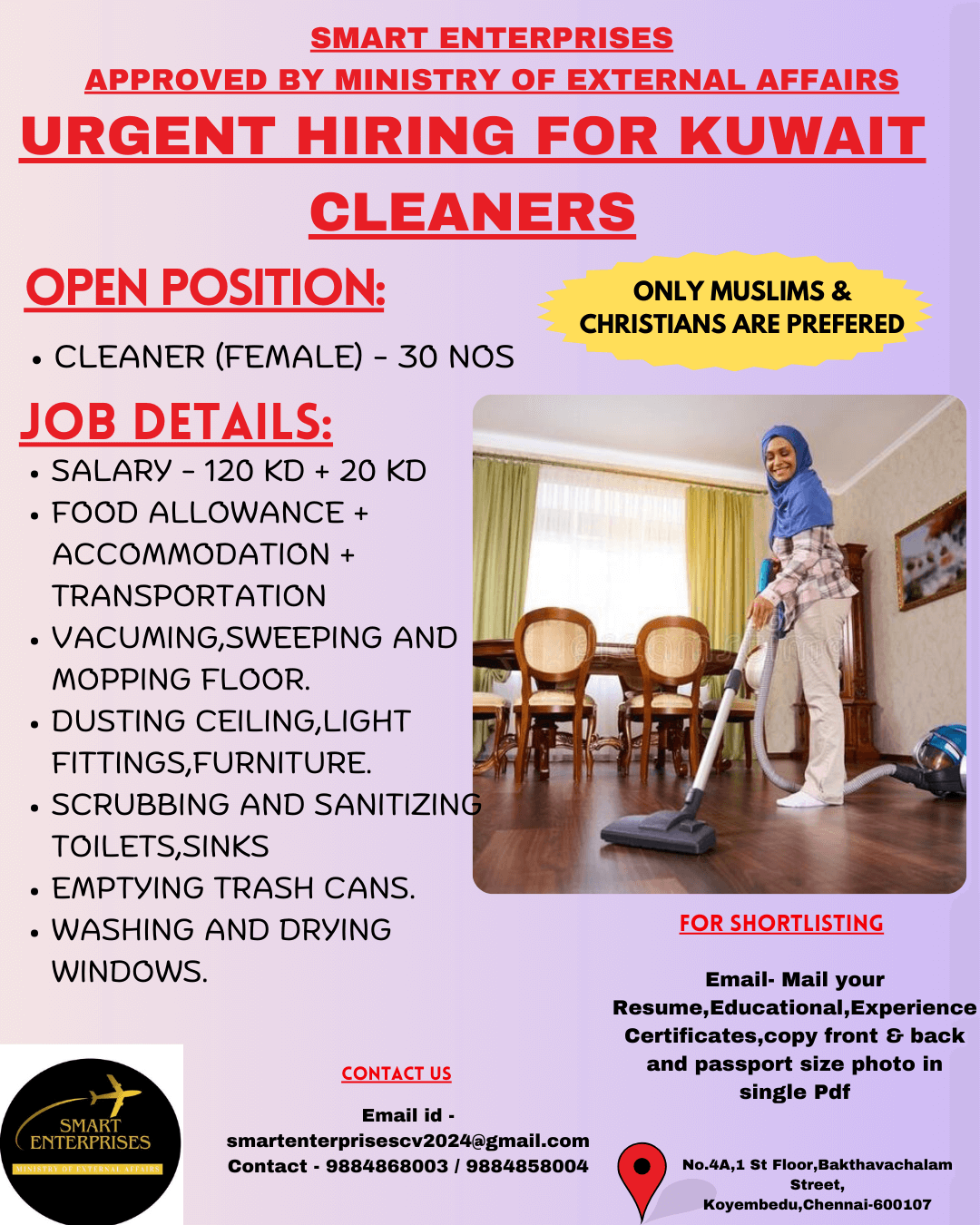 URGENTLY NEED FOR KUWAIT - FEMALE CLEANERS (MUSLIMS & CHRISTIANS ONLY)