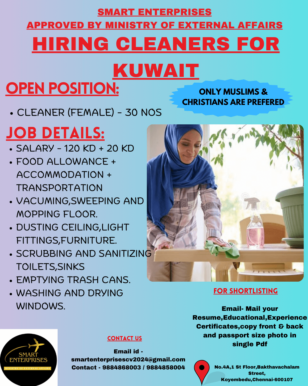 URGENT REQUIREMENT FOR KUWAIT - FEMALE CLEANER (MUSLIMS & CHRISTIANS ONLY)