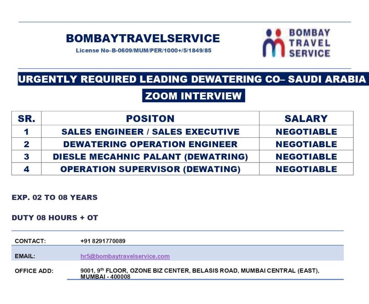 Urgently Hiring Saudi Arabia  For Leading Dewatering Co