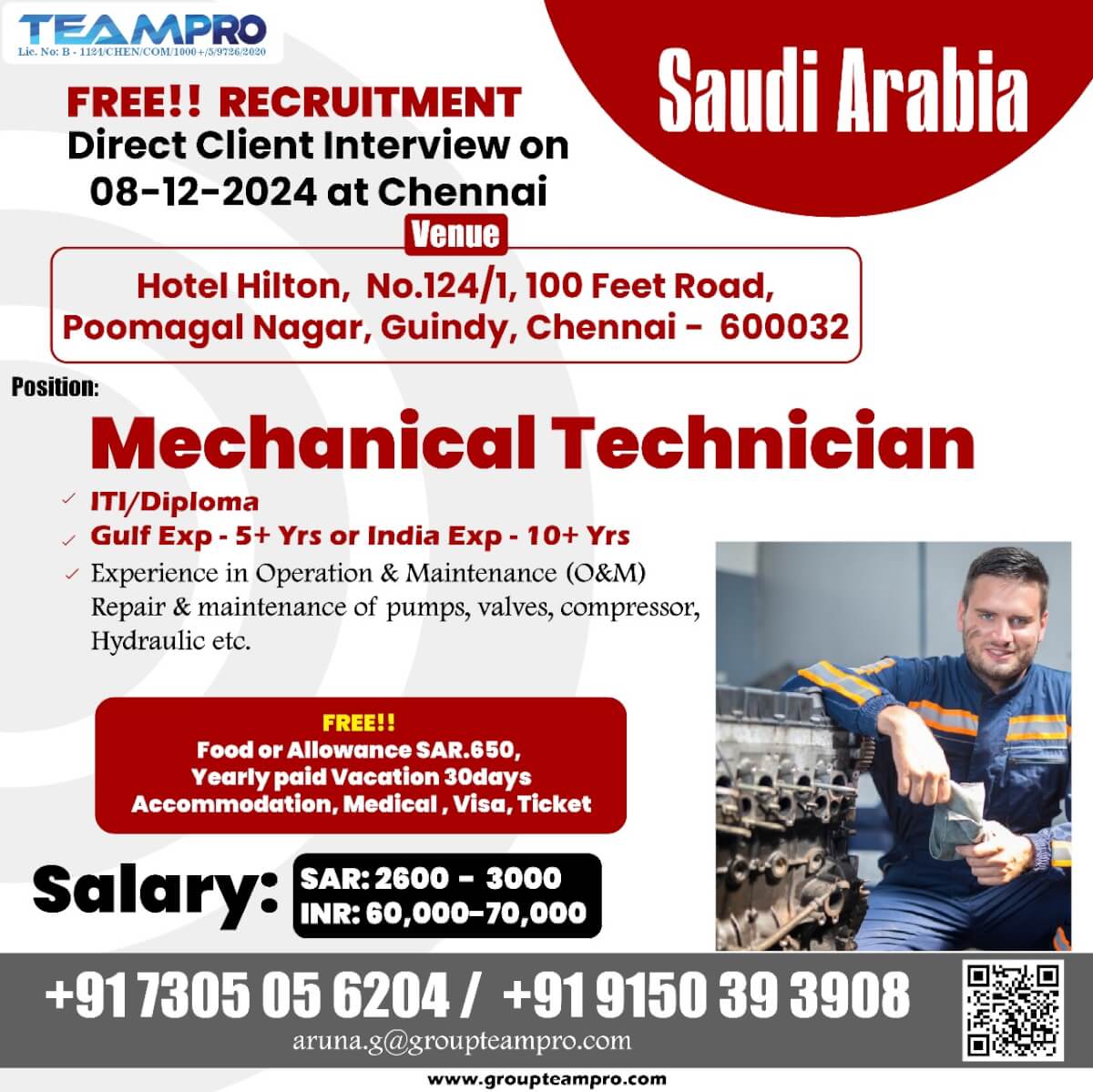 Free Recruitment for Saudi Arabia Direct interview in Chennai   07-12-2021