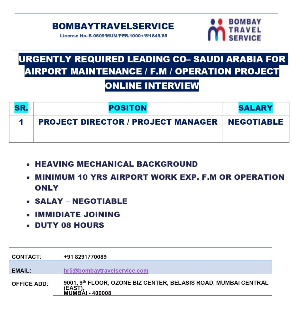 Urgently Hiring Project Manager / DIRECTOR FOR SAUDI ARABIBA