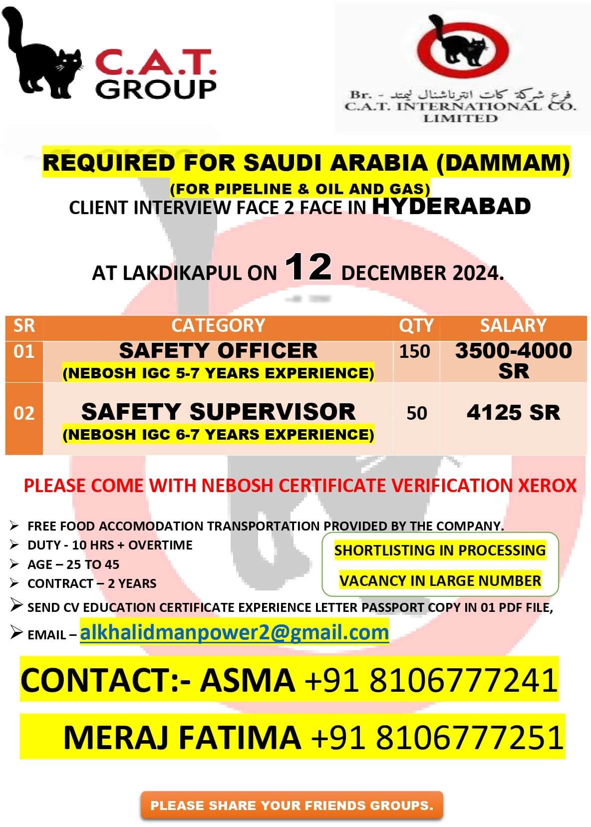 DIRECT CLIENT INTERVIEW ON 13 DECEMBER IN HYDERABAD (CAT GROUP KSA)