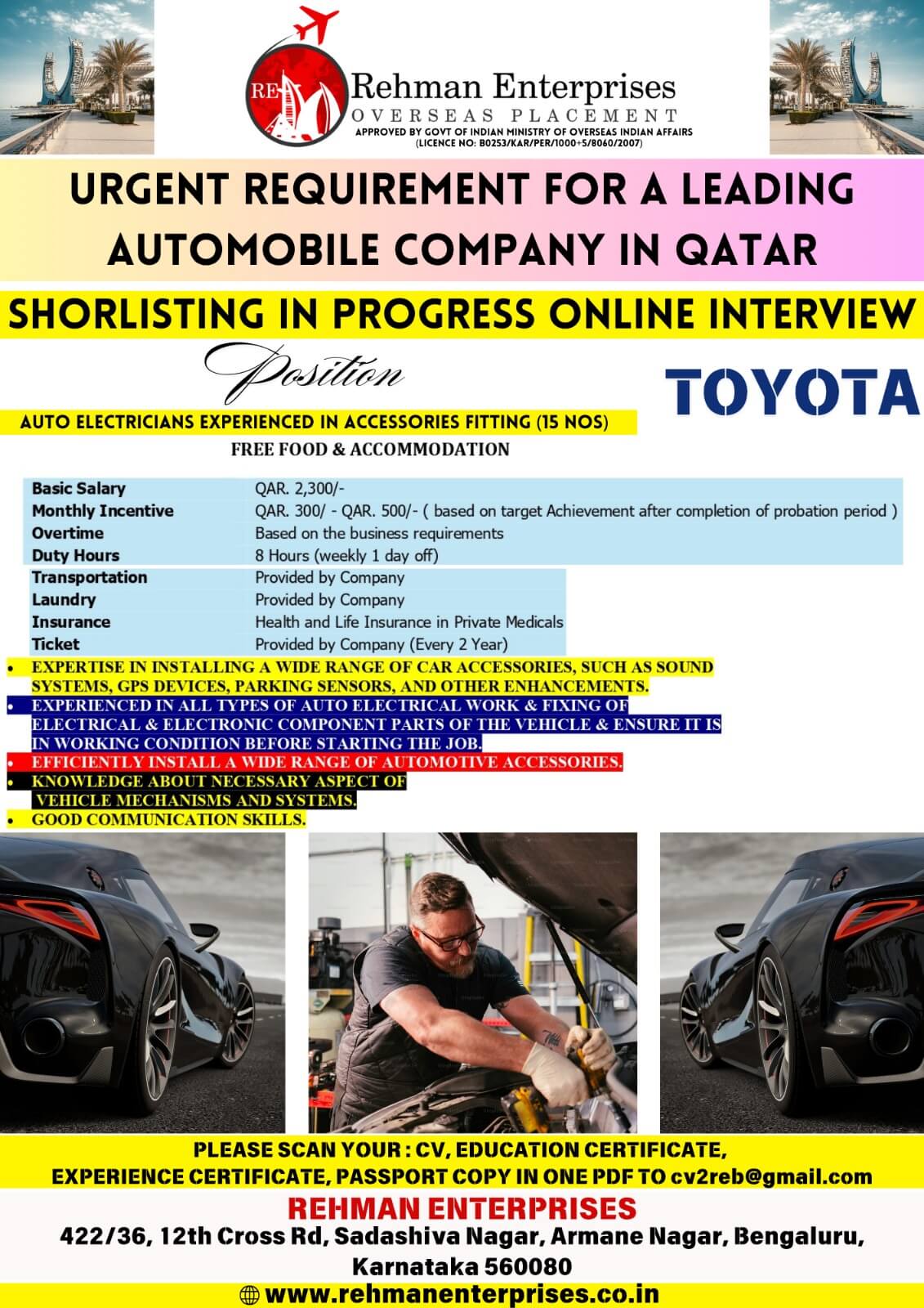 URGENT REQUIREMENT FOR A LEADING AUTOMOBILE COMPANY IN QATAR