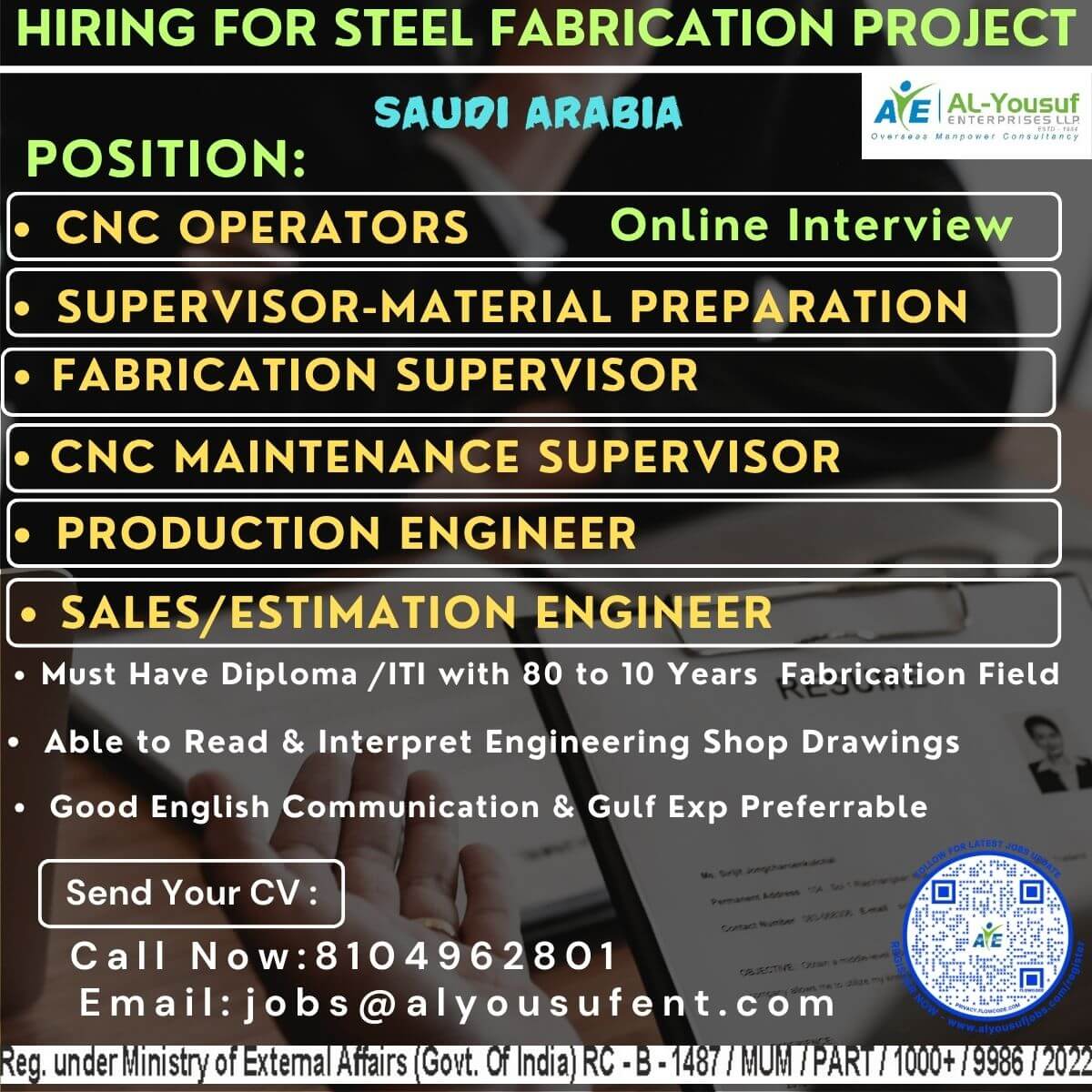 Hiring For Steel Fabrication Industry-Saudi Arabia