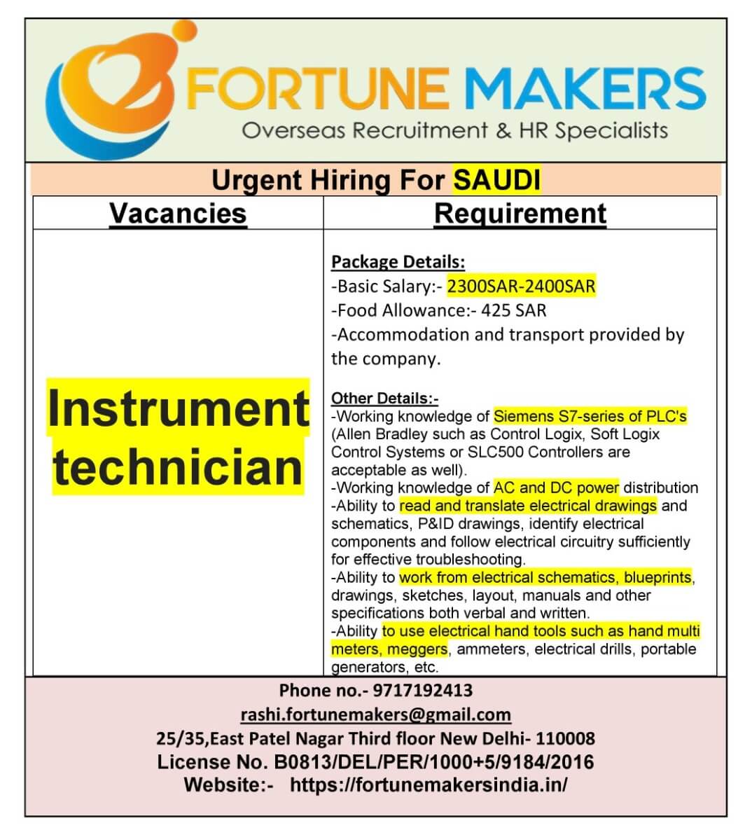 Vacancy for SAUDI ARABIA