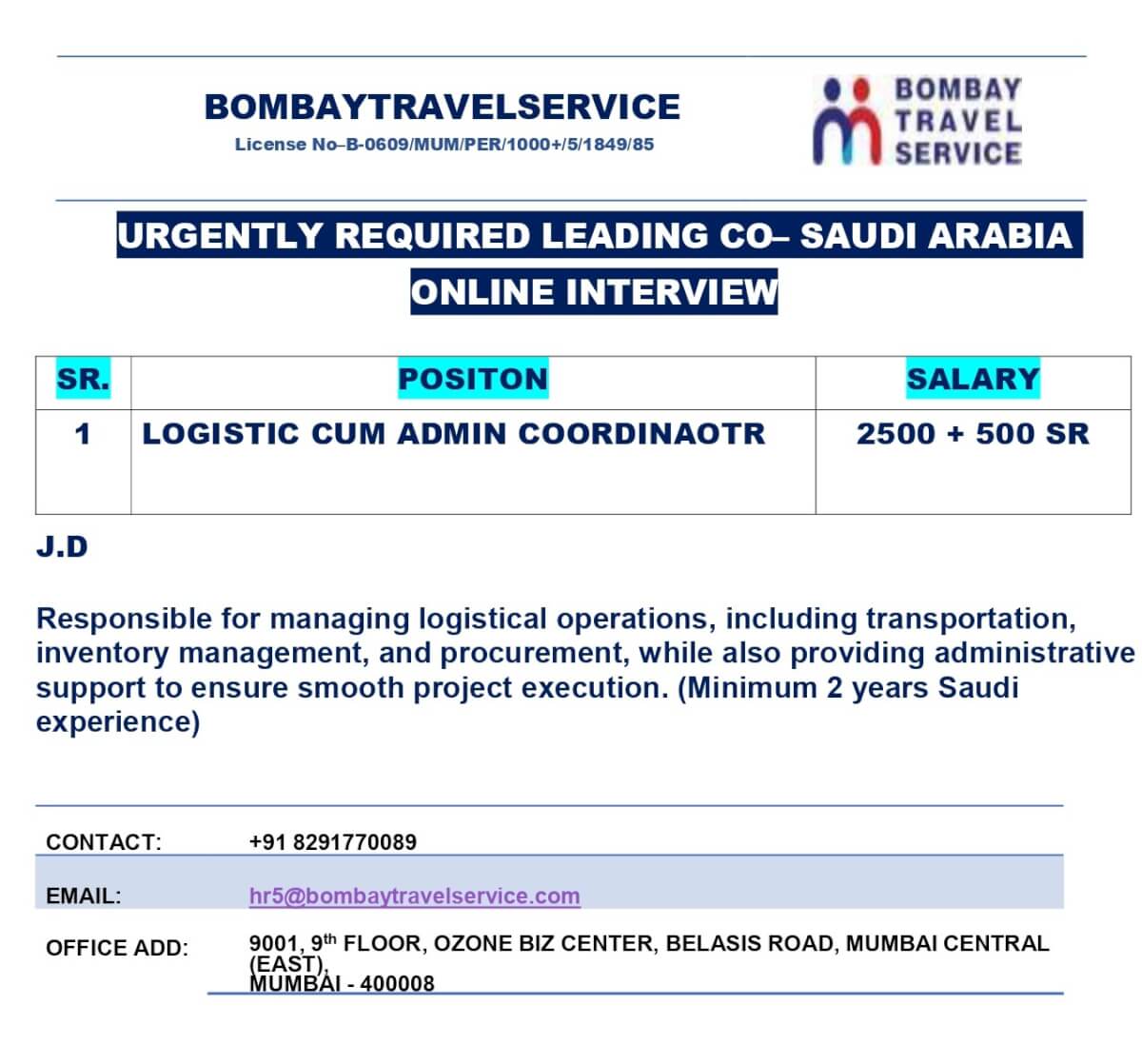 Urgently Hiring Logistic Cum Admin Coordinator For Saudi Arabia