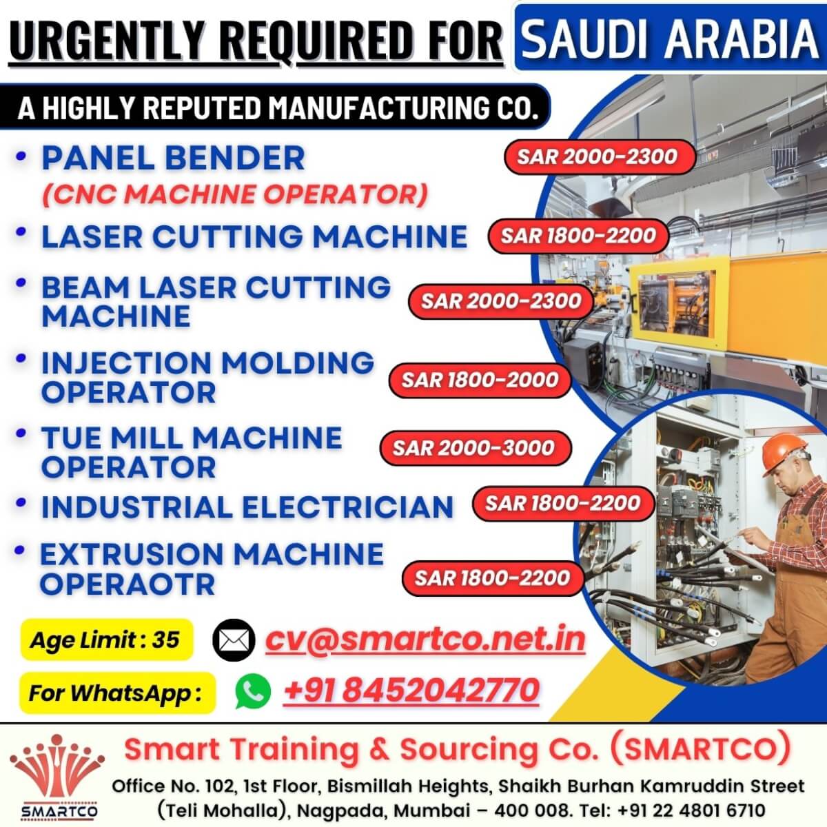 URGENTLY REQUIRED FOR SAUDI ARABIA  A HIGHLY REPUTED MANUFACTURING CO.