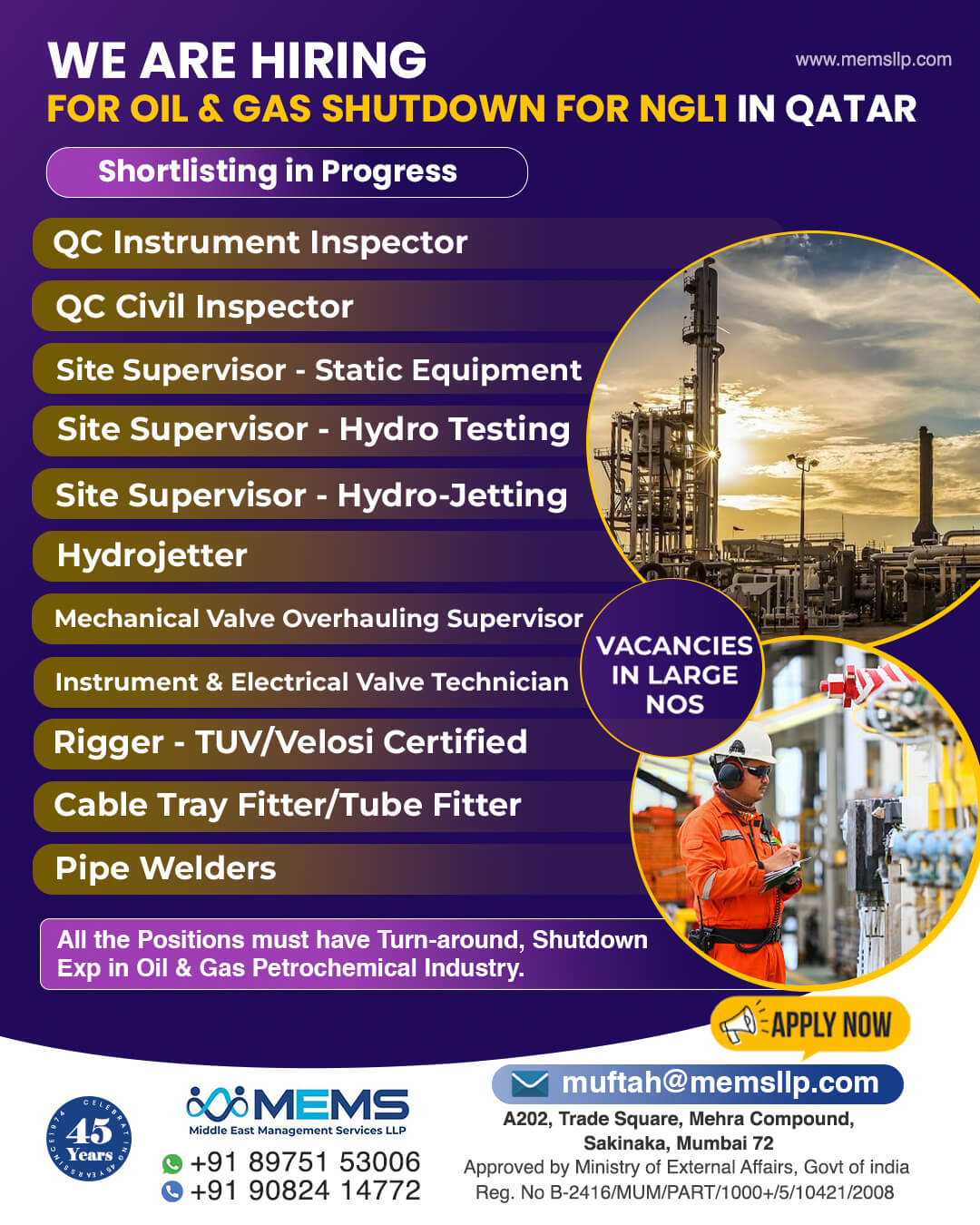 We are Hiring for Oil & Gas Shutdown for NGL1 in Qatar