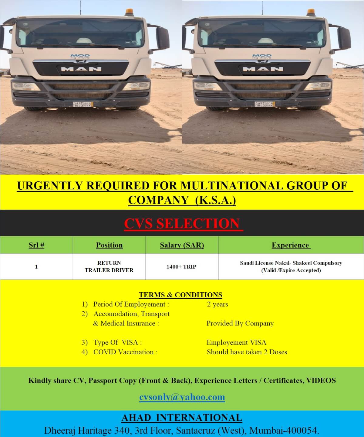 URGENTLY REQUIRED FOR MULTINATONAL GROUP OF COMPANY K.S.A.