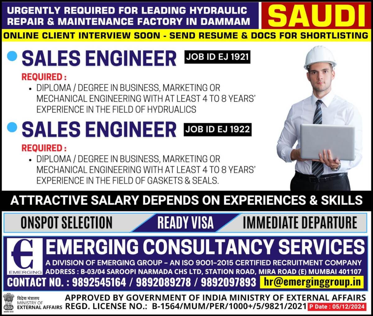 Urgently required for leading hydraulic repair & maintenance factory in Dammam Saudi Arabia