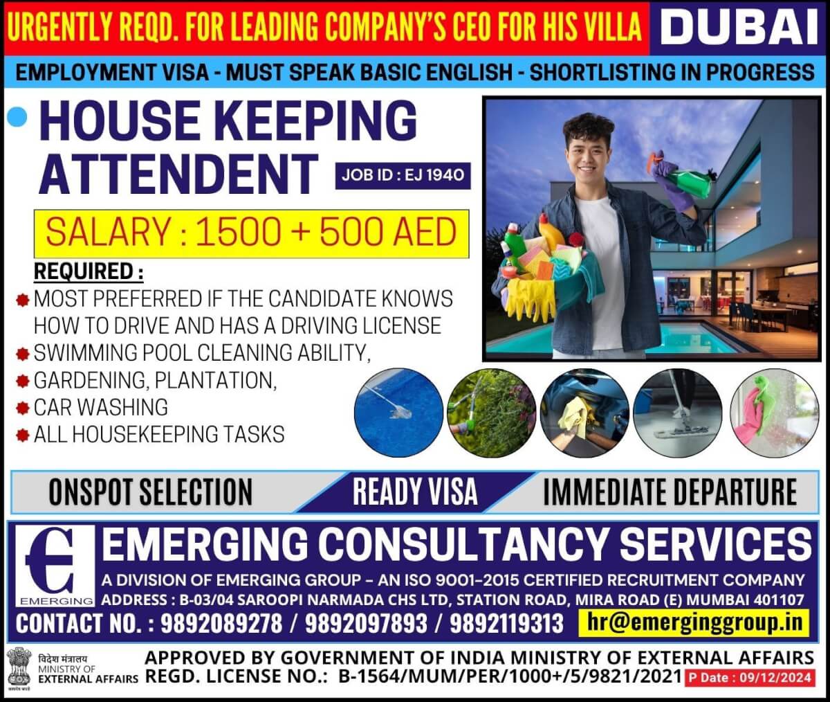 Urgently Required for Leading Companyâ€™s CEO for his Villa in Dubai - Must speaking English