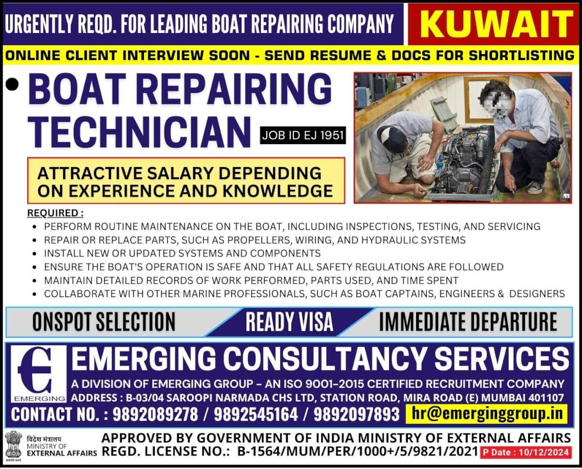 Urgently required for Leading Boat Repairing Company in Kuwait - Shortlisting in Progress