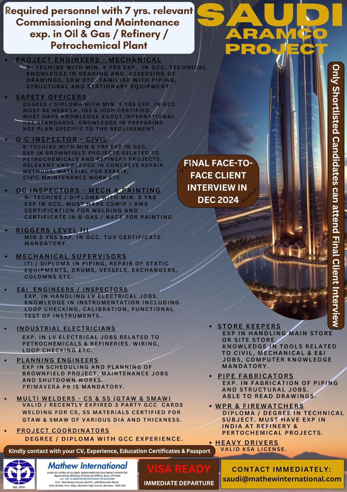 Required personnel for Saudi Aramco with 7 yrs. relevant Commissioning and Maintenance exp. in Oil & Gas / Refinery / Petrochemical Plant