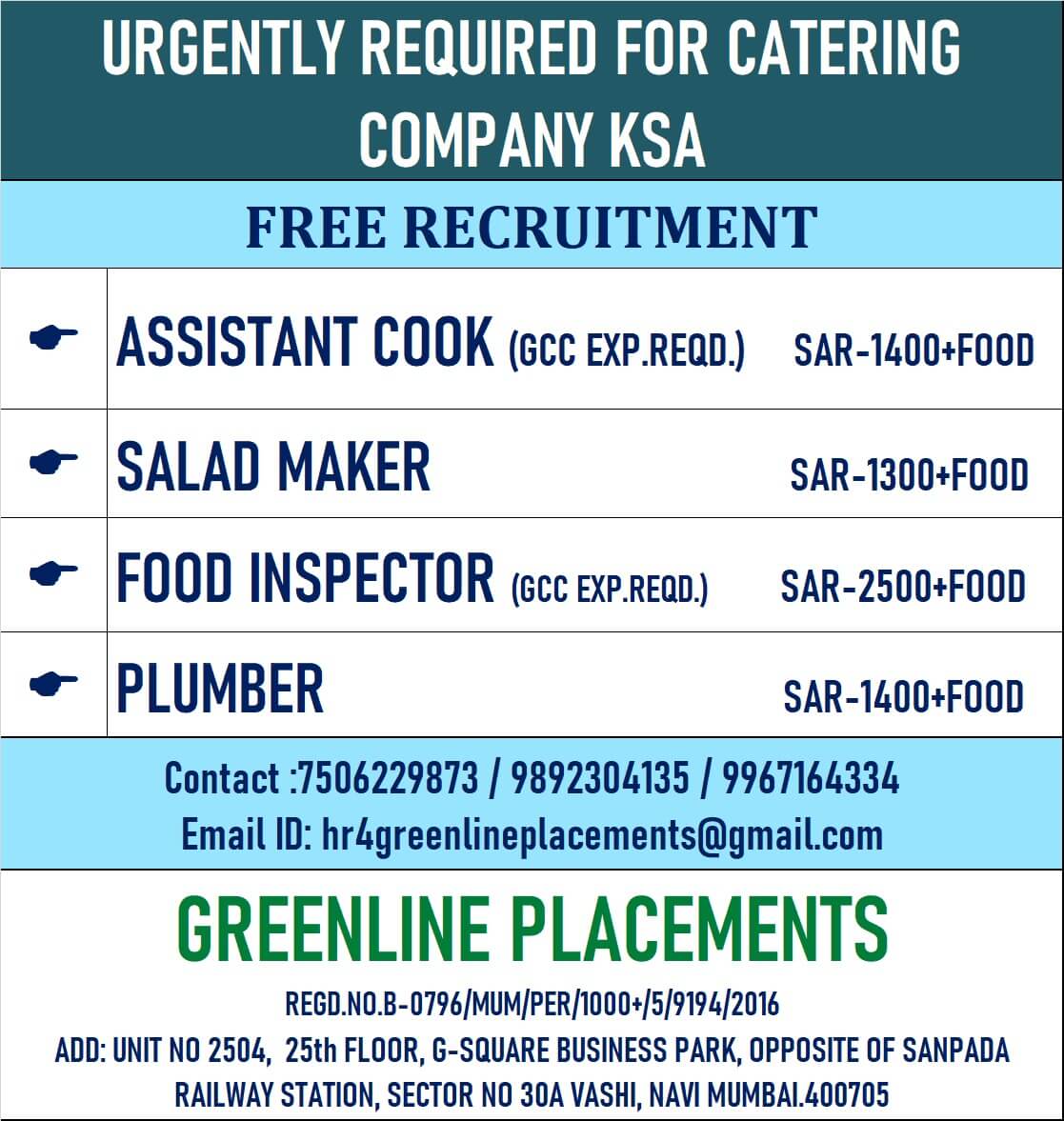 URGENTLLY REQUIRED FOR CATERING COMPANY KSA