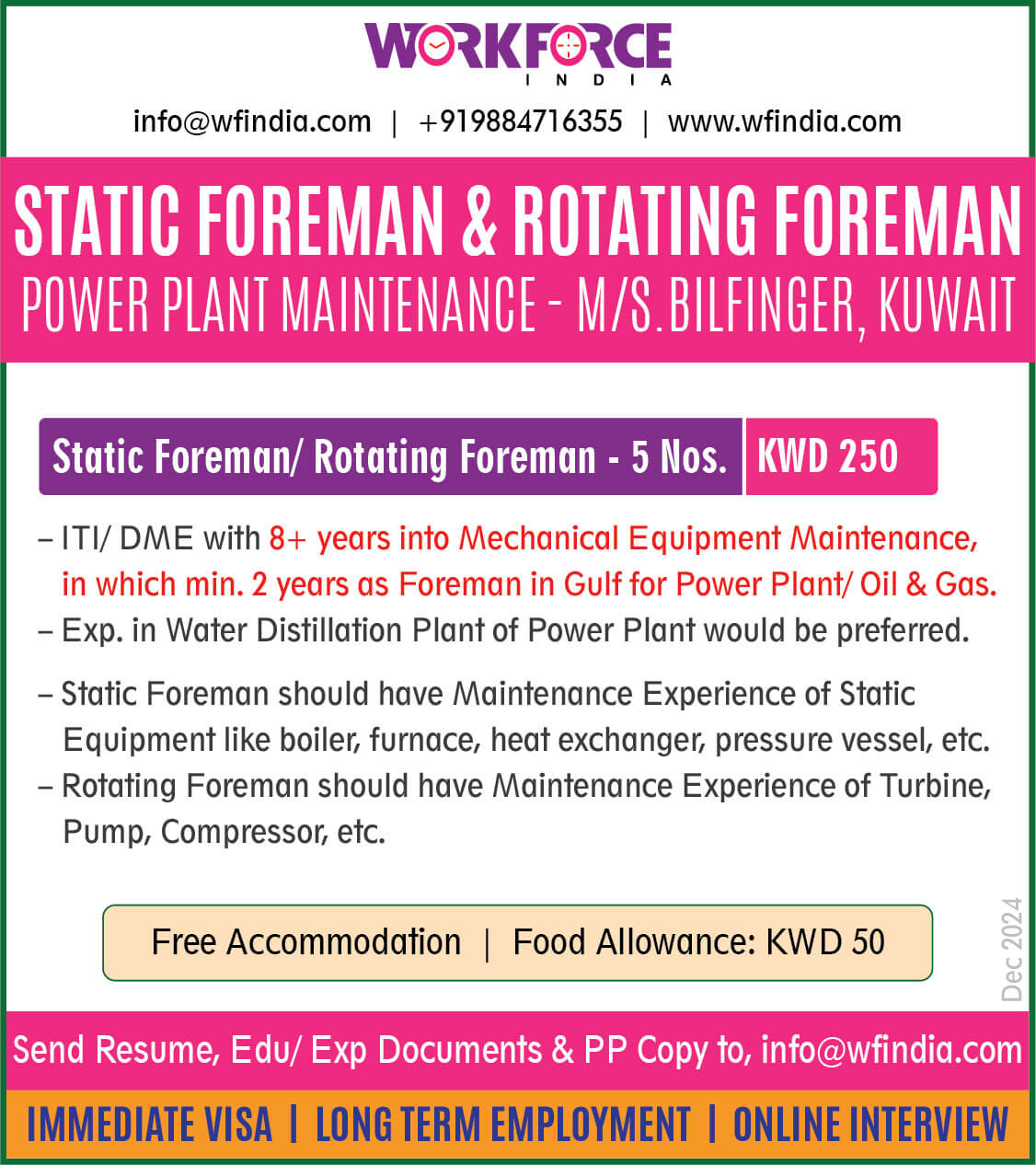 Static Foreman & Rotating Foreman - Power Plant Maintenance - M/S.Bilfinger, Kuwait