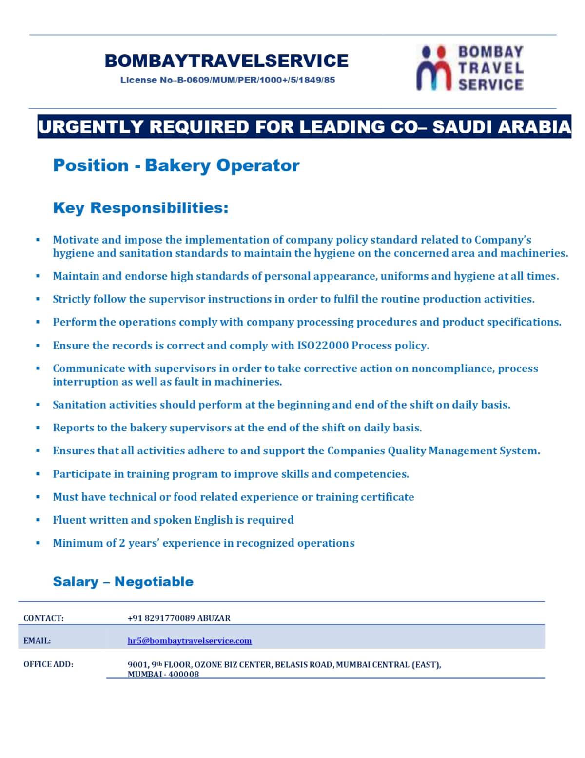 Urgently Hiring Bakery Operator For Saudi Arabia