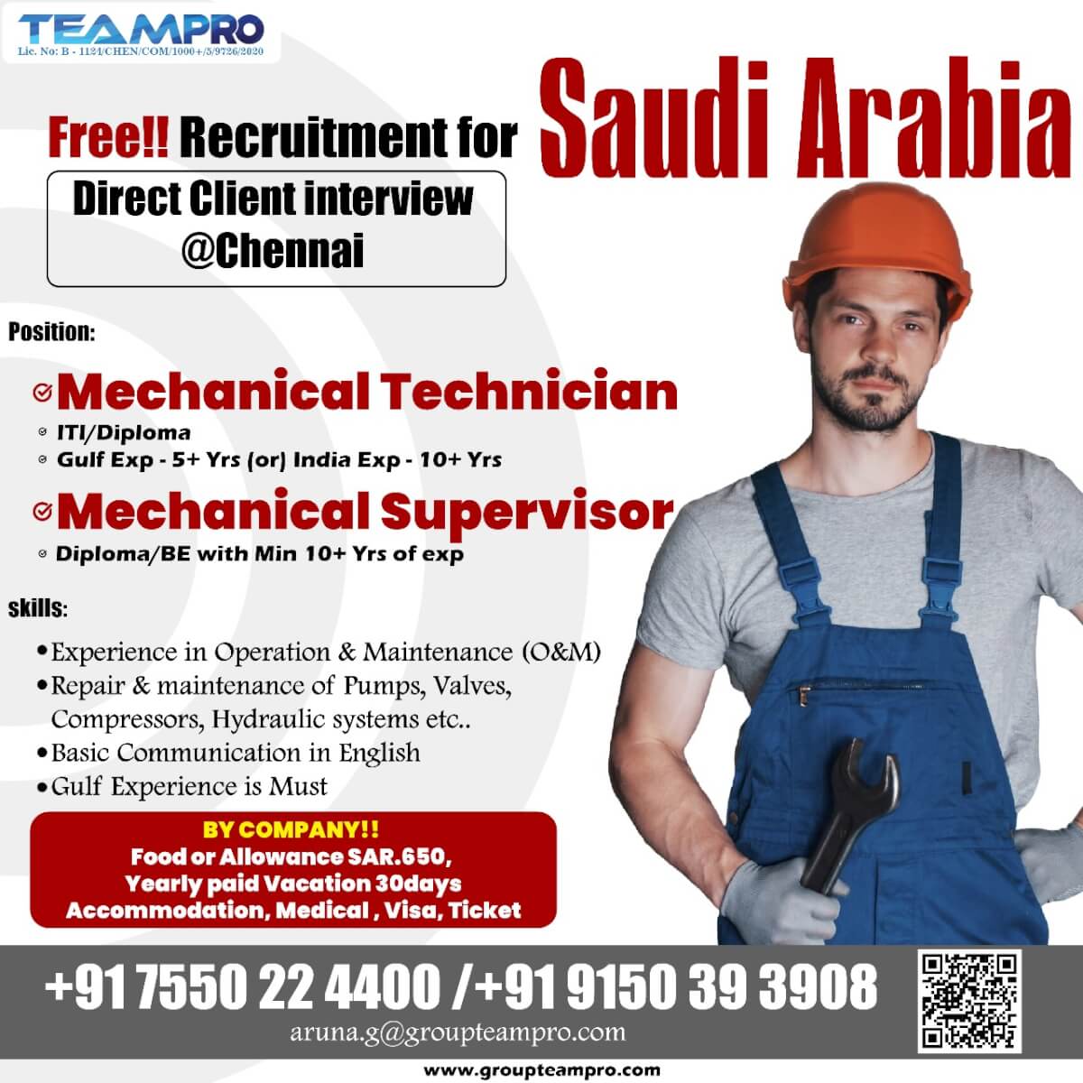 Free recruitment for Direct interview @ Chennai, Saudi Arabia