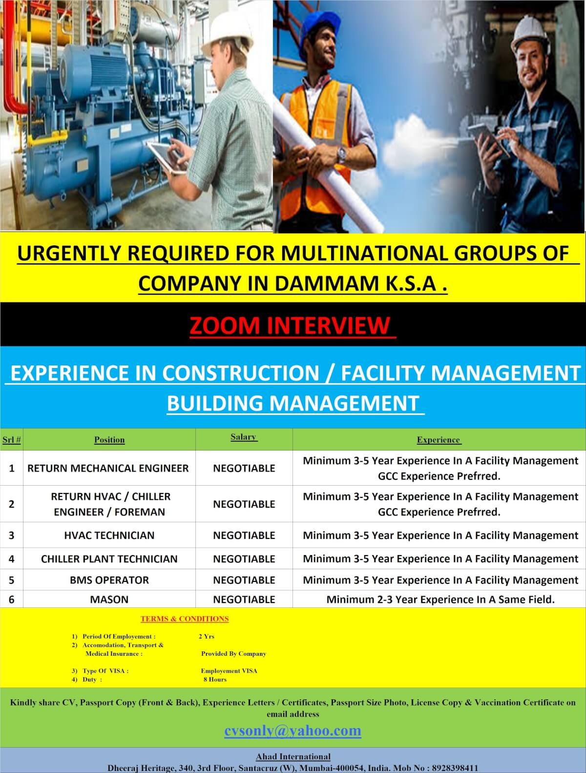 URGENTLY REQUIRED FOR MULTINATIONAL GROUP OF COMPANY DAMMAM K.S.A.