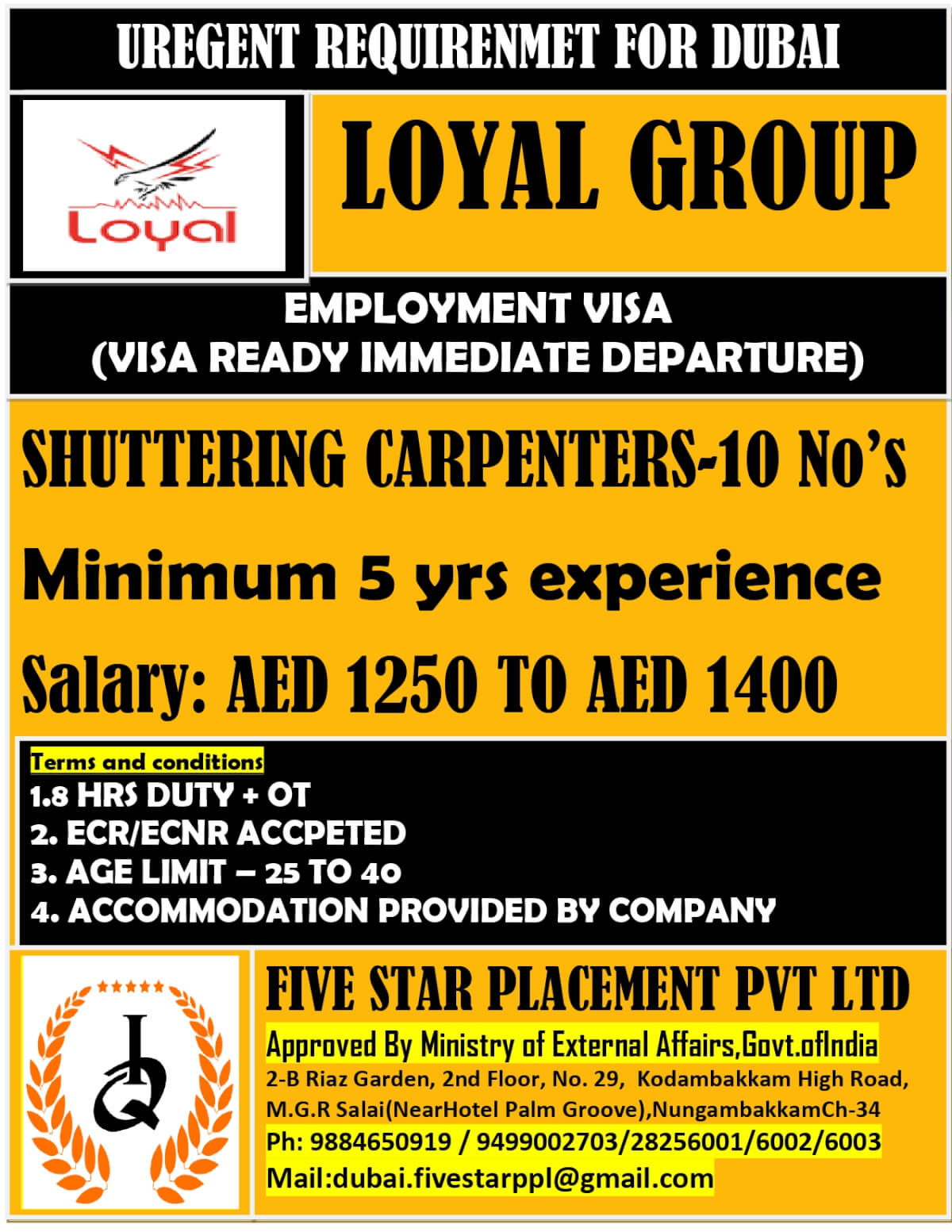 URGENT REQUIREMENTS FOR DUBAI