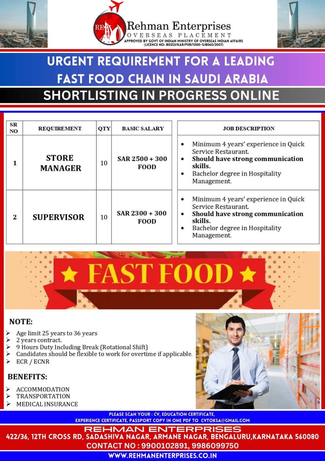 URGENT REQUIREMENT FOR A LEADING FAST FOOD CHAIN IN SAUDI ARABIA